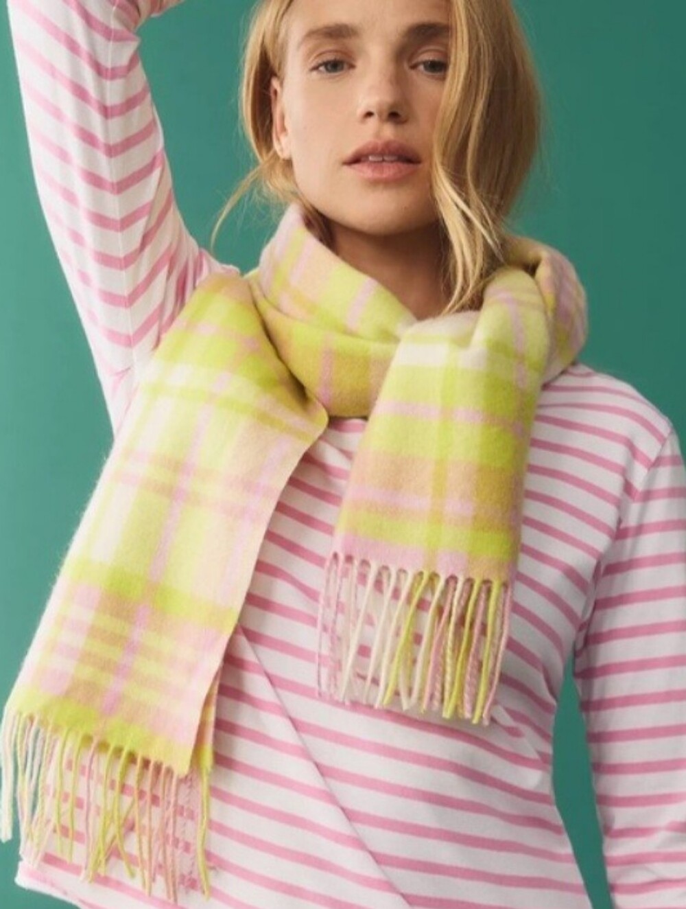 Anthropologie Pink Green Wool Cashmere Cozy Soft Plaid Scarf NEW NWT